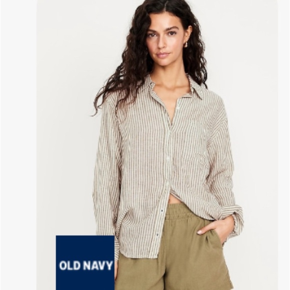 Old Navy Women's Beige Striped Button-Down Boyfriend Shirt